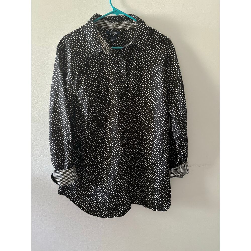 Chaps Womens No Iron Button Down Top Size 2X Black Polka Dot Cotton